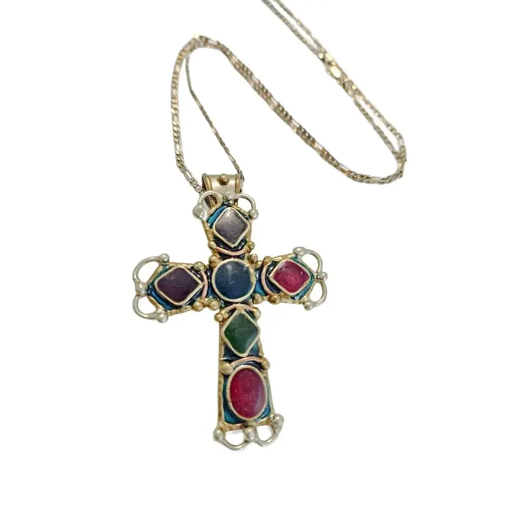 Vintage Artisan Semi Precious Stone Cross Necklace